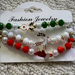Festive Beaded Bracelet Set - Green, Red, White